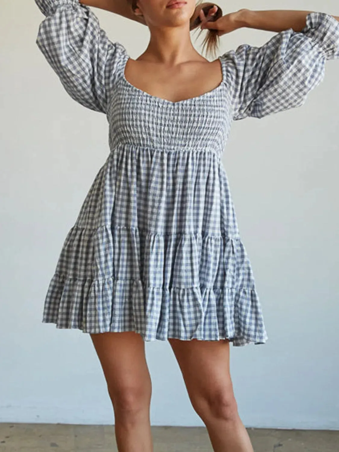 Ruffled Hem Plaid Half Sleeve Mini Dress