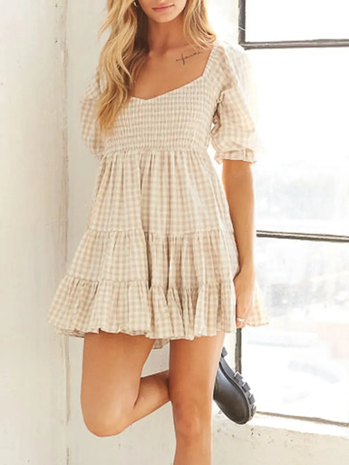 Ruffled Hem Plaid Half Sleeve Mini Dress