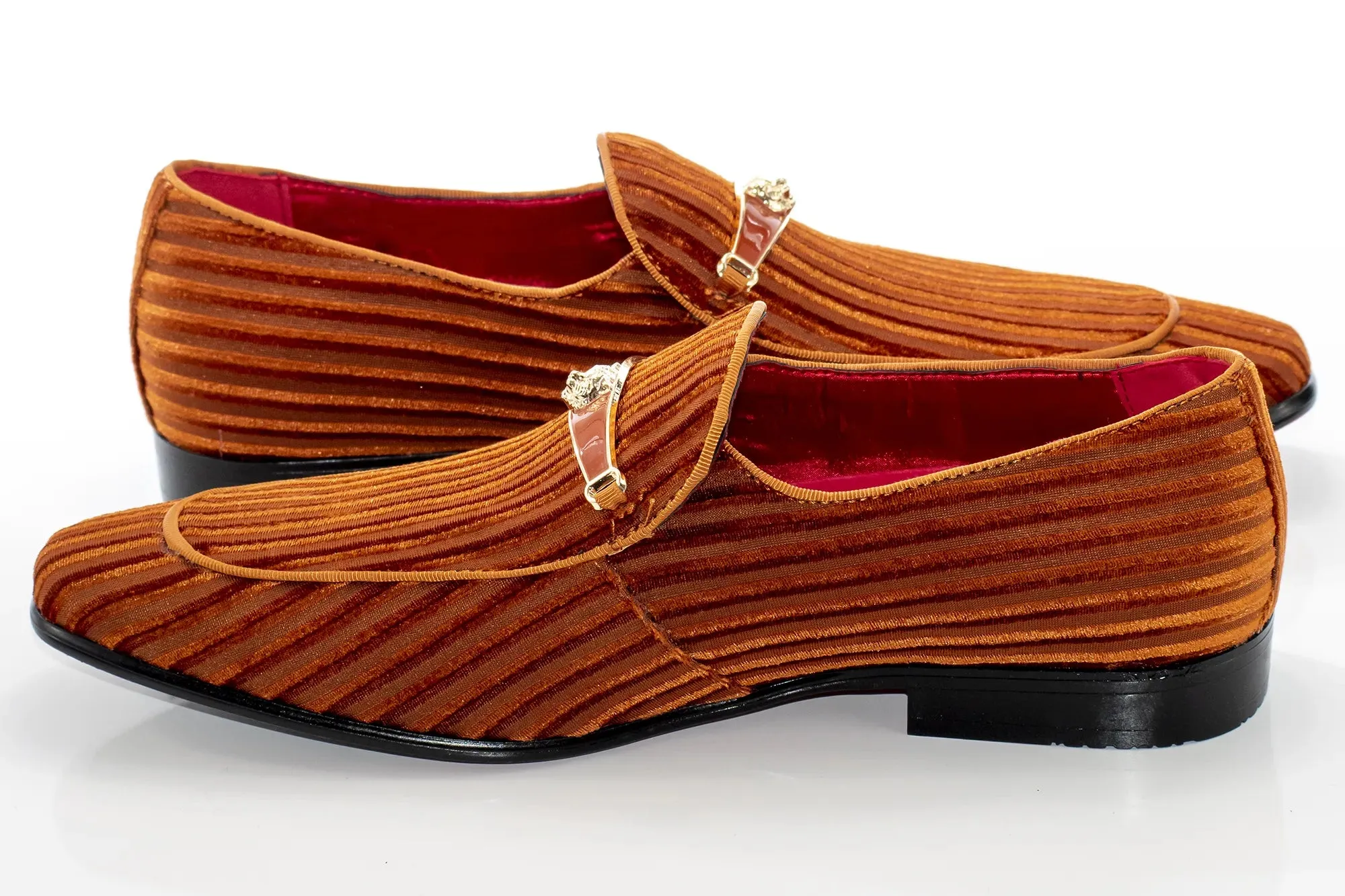 Rust Striped Velvet Smoking Loafer with Designer Bit