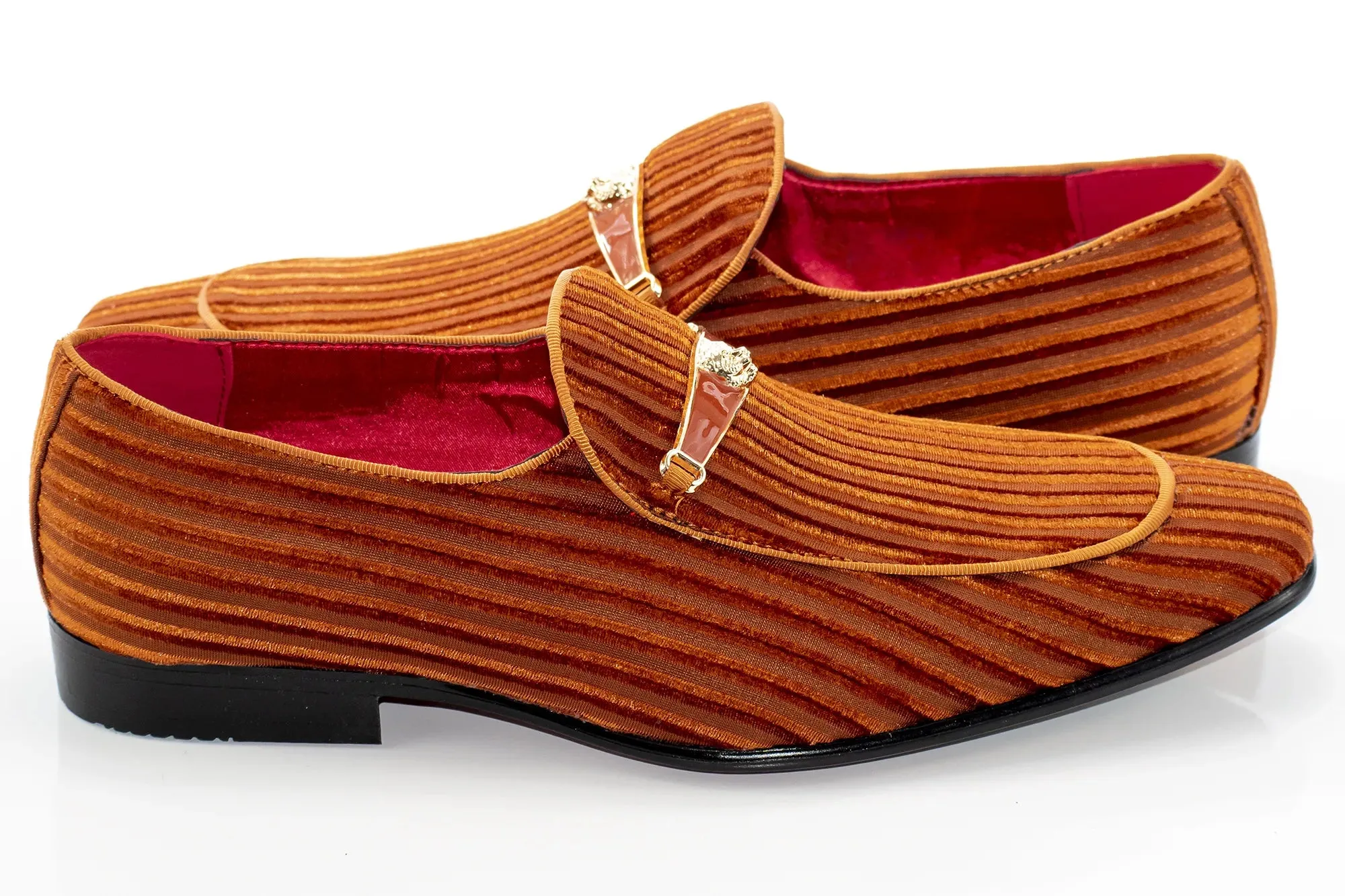Rust Striped Velvet Smoking Loafer with Designer Bit