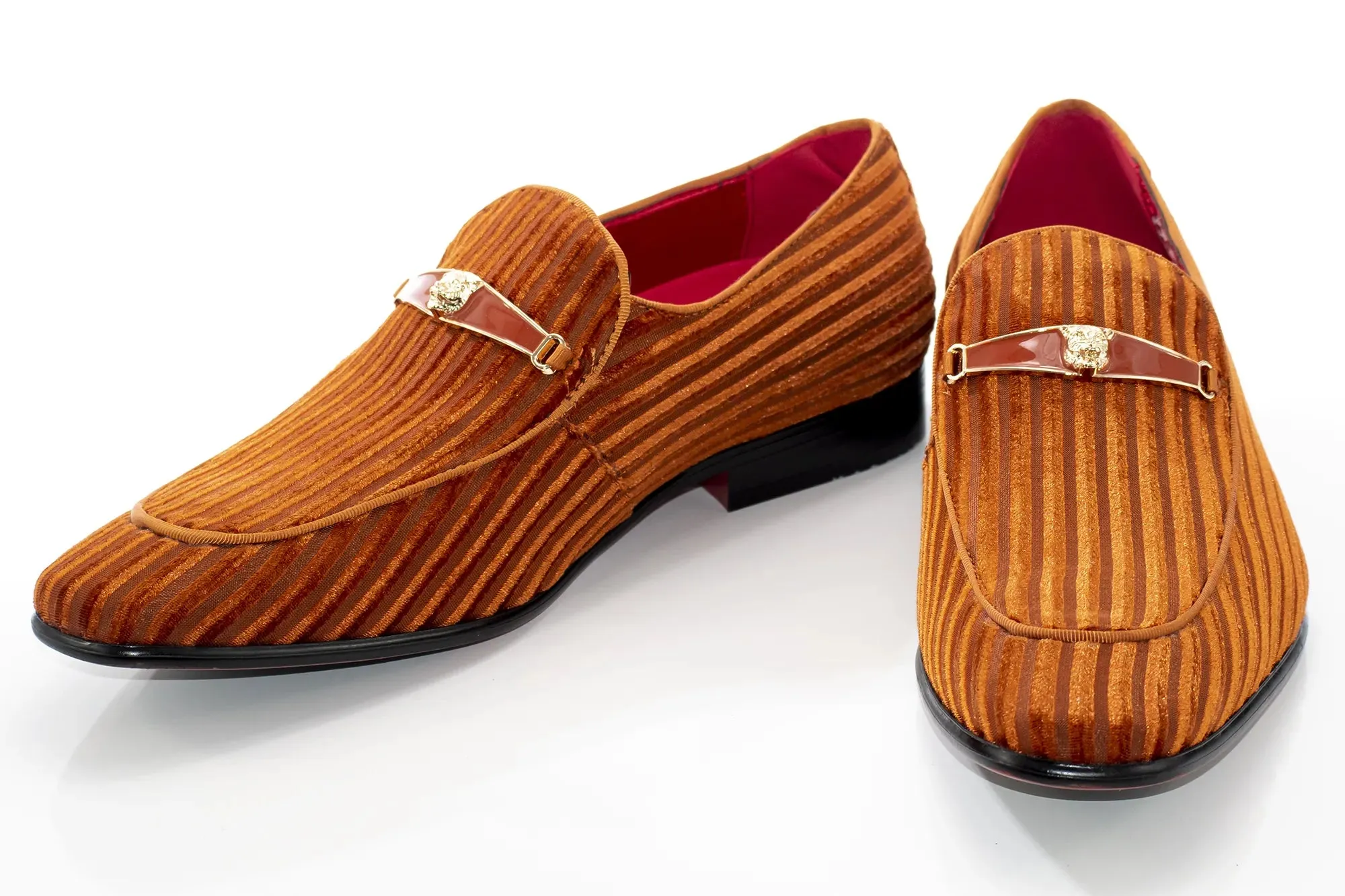 Rust Striped Velvet Smoking Loafer with Designer Bit