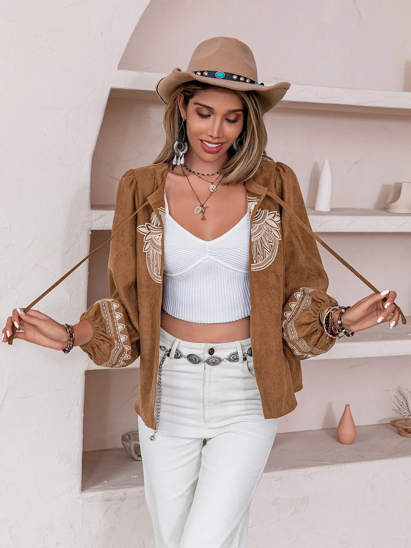 Rusttydustty Graphic Embroidery Tie Front Jacket