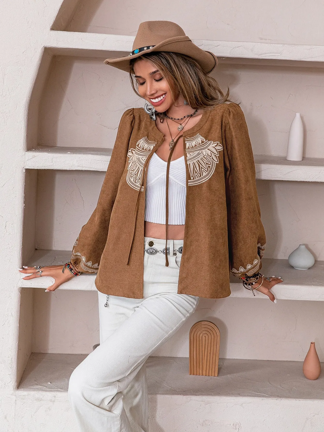 Rusttydustty Graphic Embroidery Tie Front Jacket