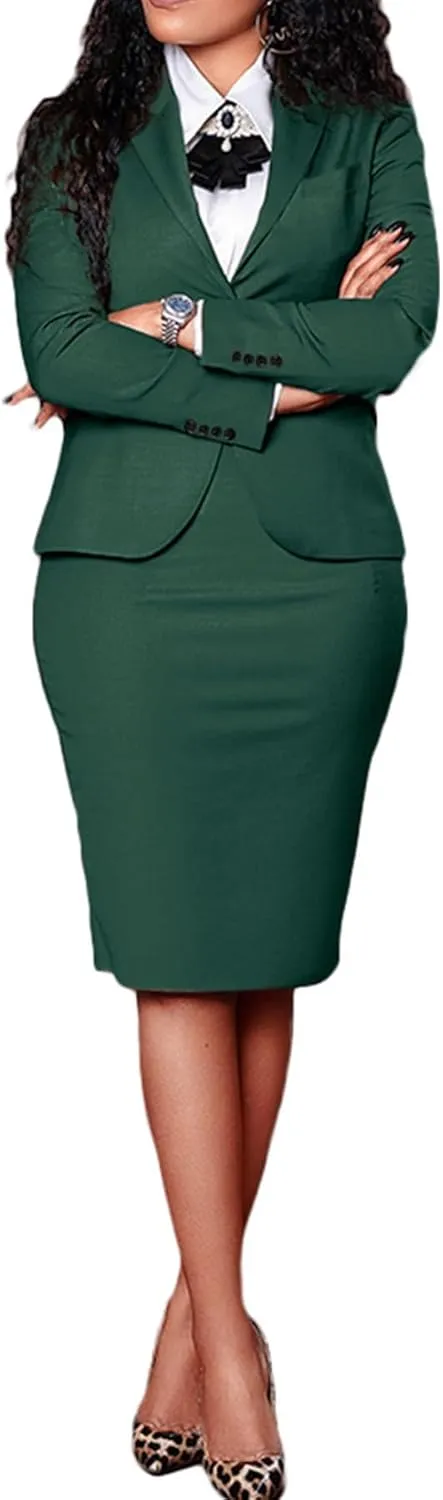 Seltaon Women's 2 Piece Suit Skirt Set Business Office Work Outfit Blazer Jackets Midi Pencil Skirt Suits Plus Size
