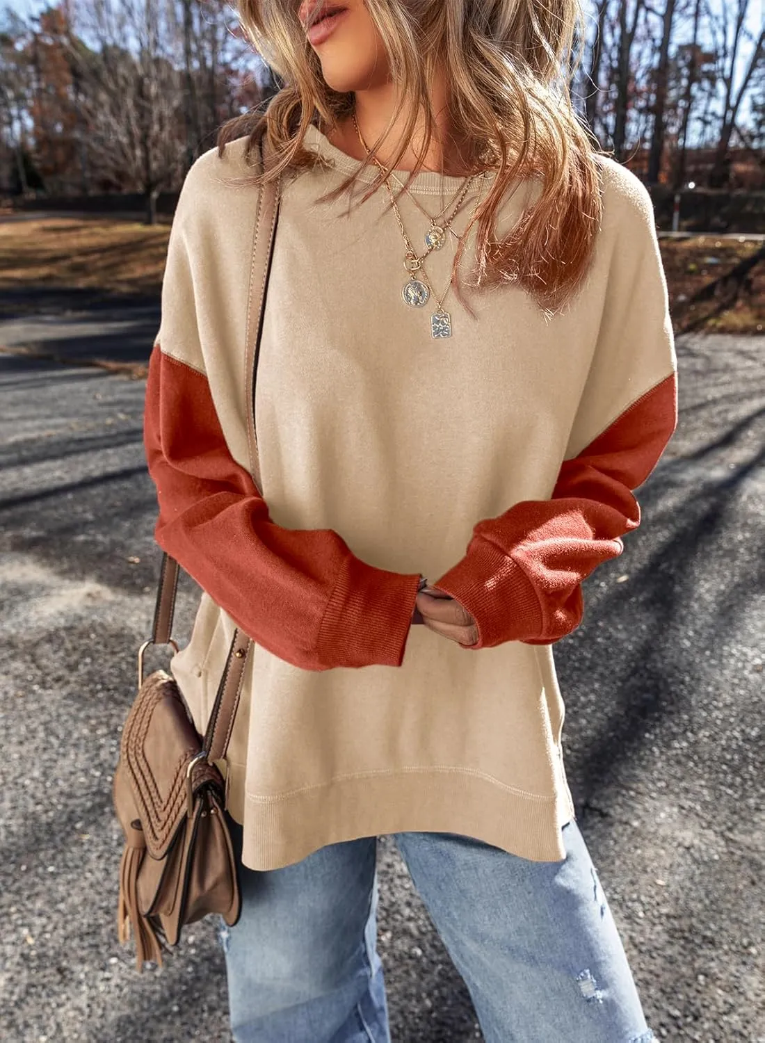 SHEWIN Sweatshirt for Women Casual Long Sleeve Crewneck Lightweight Pullover Tops Loose Sweatshirts