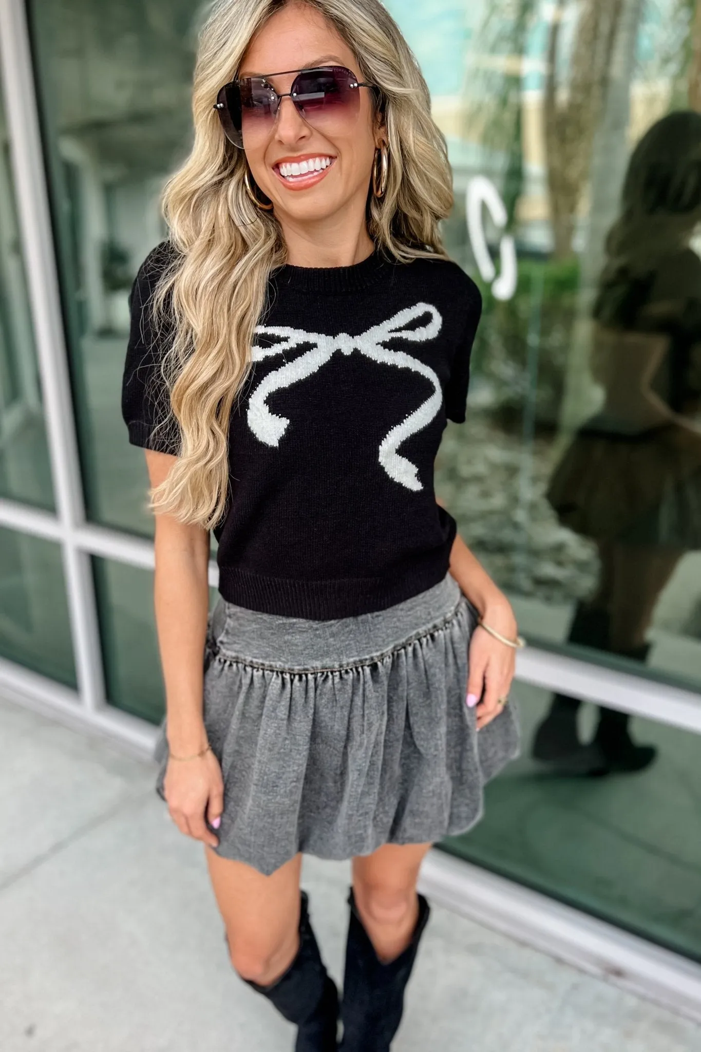 Size M - The Bella Bow Knit Black Top