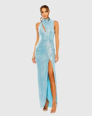 Sleeveless high-neck gathered waist sequin gown - Powder Blue