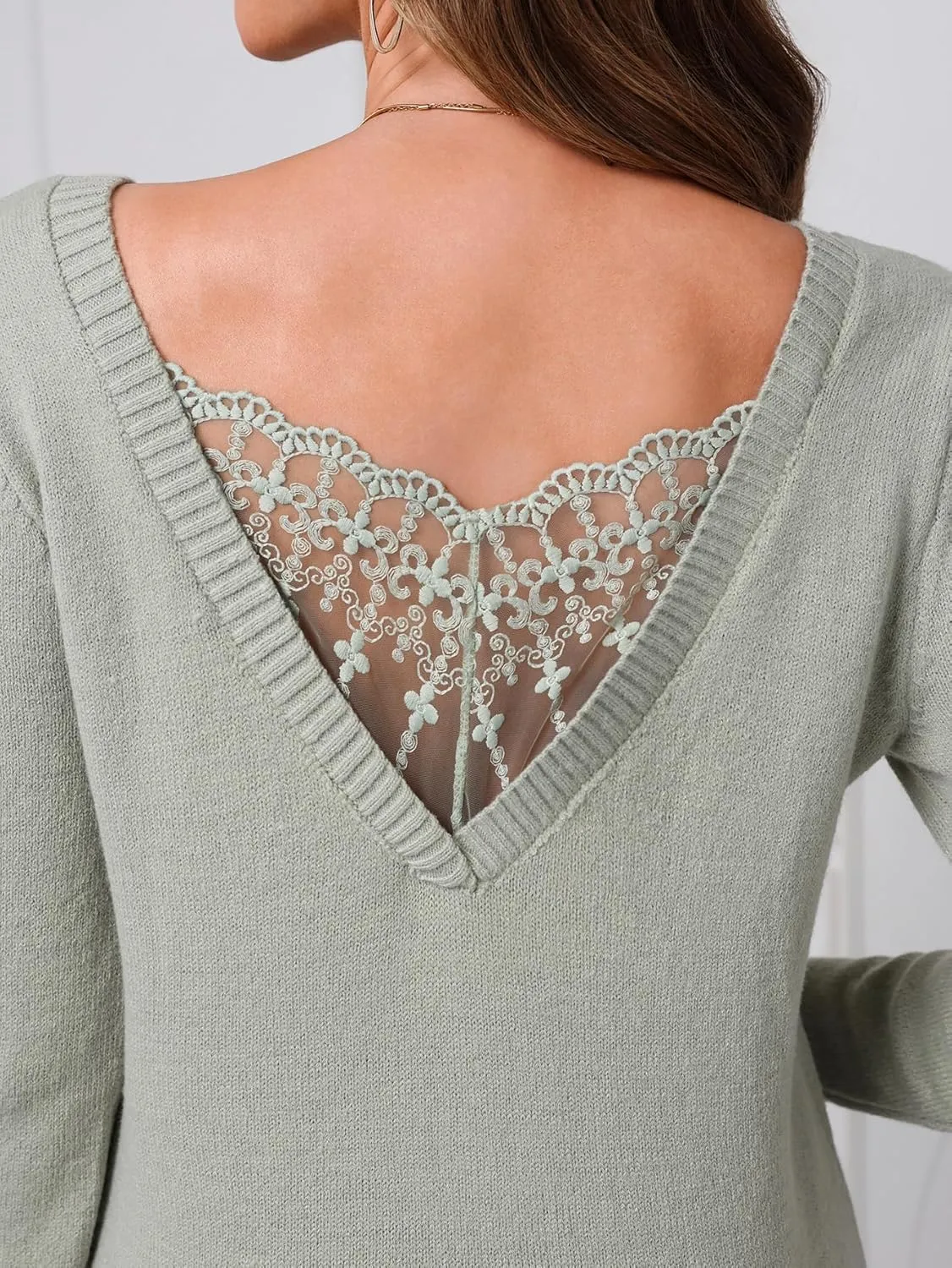 SOLY HUX Women's V Neck Sweaters Lace Back Pullover Sweater Long Sleeve Knit Tops
