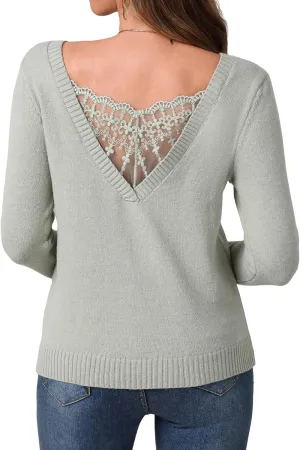 SOLY HUX Women's V Neck Sweaters Lace Back Pullover Sweater Long Sleeve Knit Tops