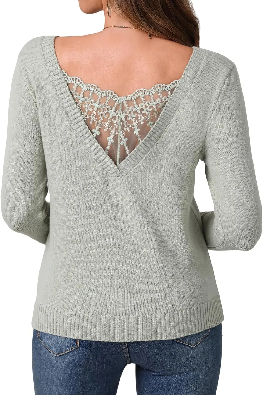 SOLY HUX Women's V Neck Sweaters Lace Back Pullover Sweater Long Sleeve Knit Tops