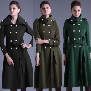 Stand Collar Button Belt Pleated Long Coat