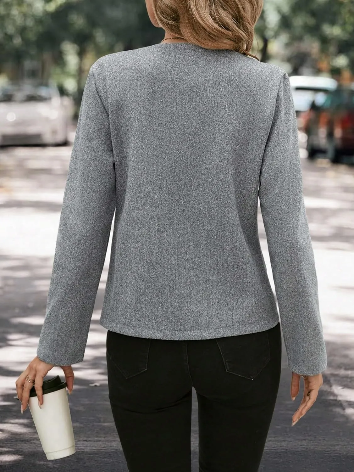 SweatyRocks Women's Long Sleeve Round Neck Button Down Jacket Outwear Open Front Solid Work Blazer Jackets