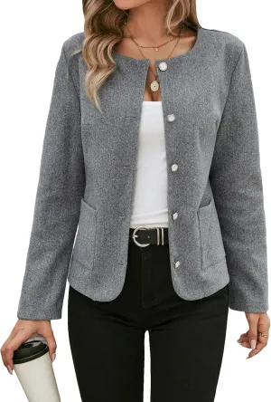 SweatyRocks Women's Long Sleeve Round Neck Button Down Jacket Outwear Open Front Solid Work Blazer Jackets