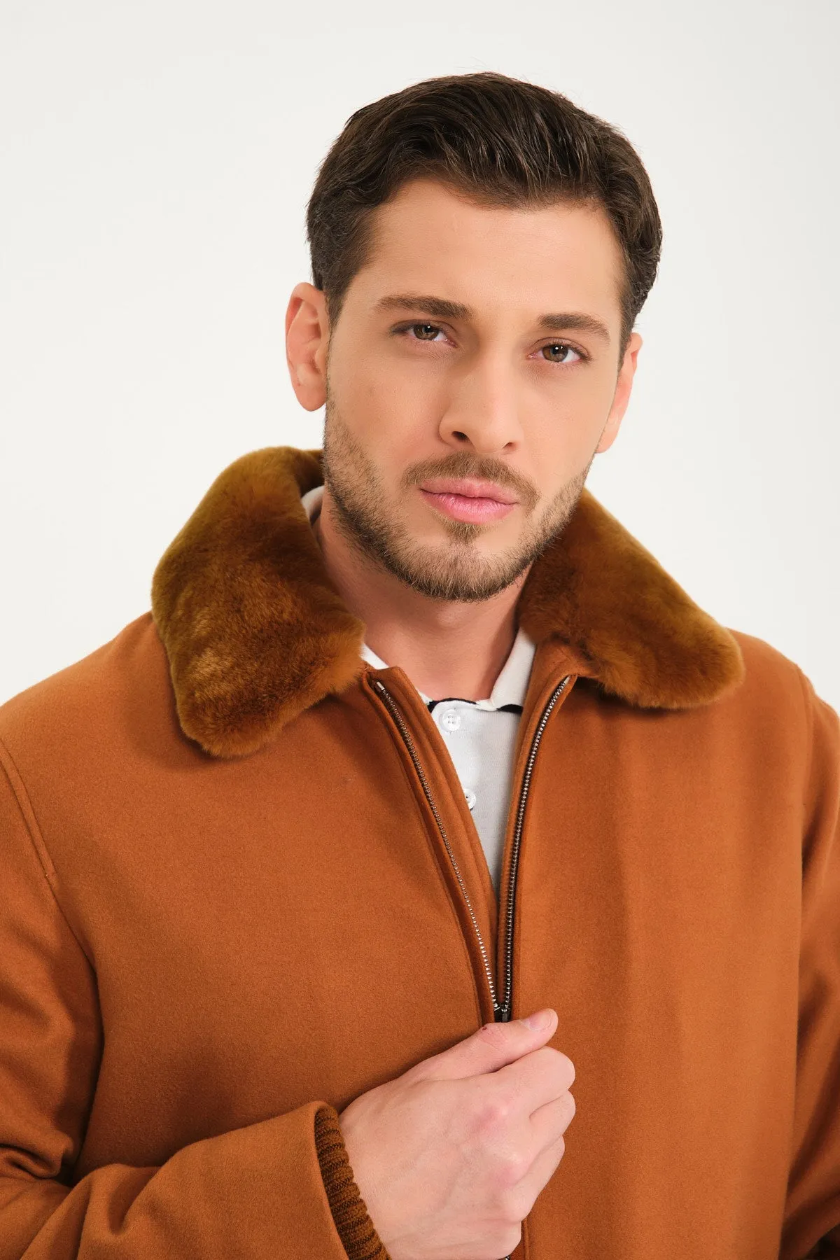 Tobacco Color Wool & Rex Fur Coat