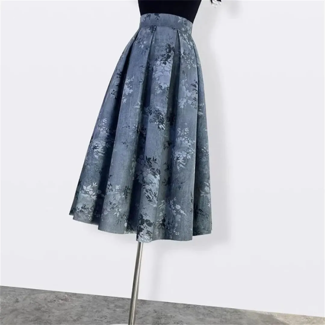 Trend Chinese Style Winter Vintage Elegant Women Navy Blue Print High Waist Long Pleated PU Midi Skirt
