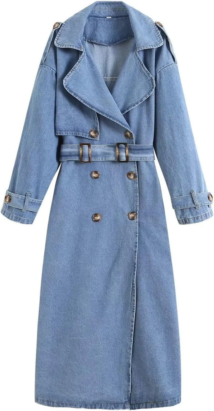 utcoco Womens Fashion Long Jean Jacket Casual Loose Long Sleeve Button Down Denim Jacket Trench Coat with Belt