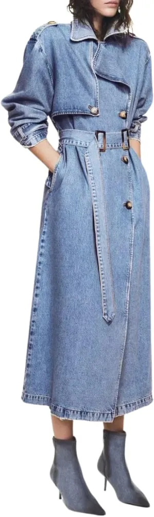 utcoco Womens Fashion Long Jean Jacket Casual Loose Long Sleeve Button Down Denim Jacket Trench Coat with Belt