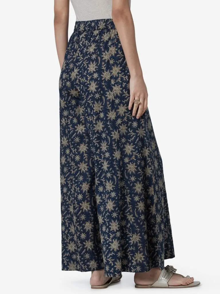 Utsa Indigo Floral Print Flared Palazzos