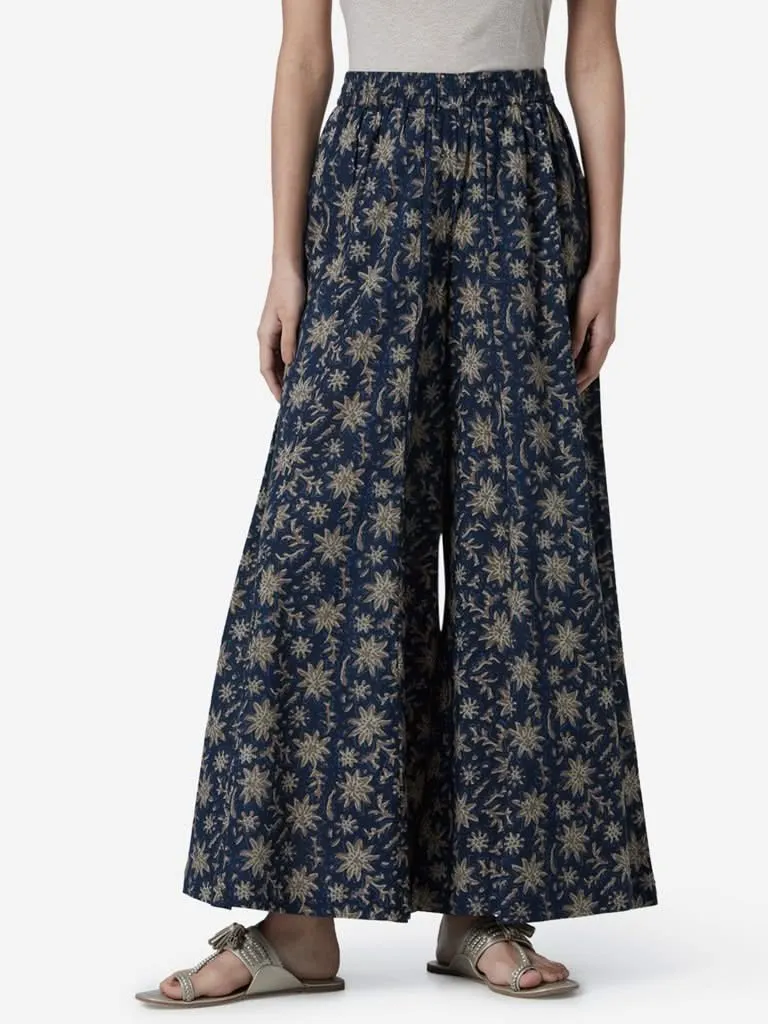 Utsa Indigo Floral Print Flared Palazzos