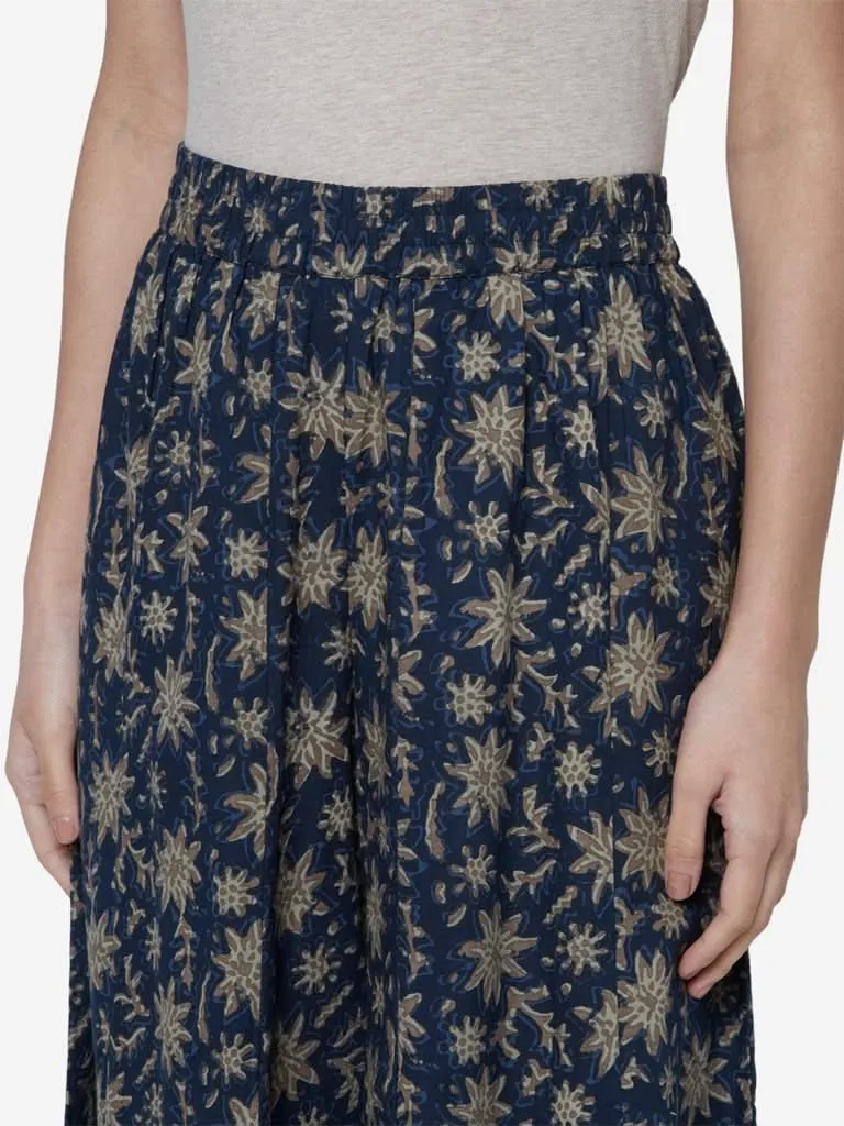 Utsa Indigo Floral Print Flared Palazzos