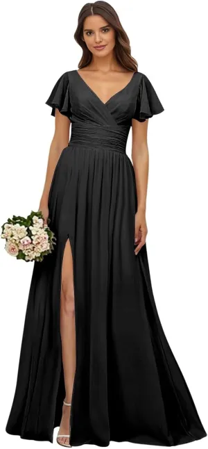 VCCICANY Chiffon Bridesmaid Dresses for Women Flutter Short Sleeves V Neck Long Formal Evening Dresses with Slit