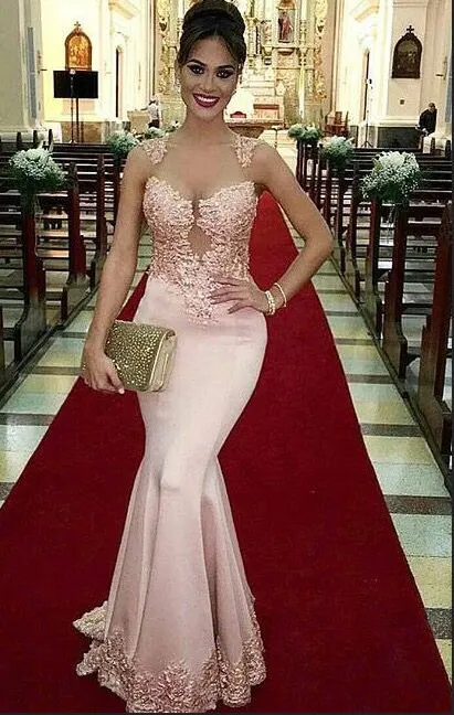 Vestido De Festa 2019 prom vestidos Lace Sereia Vestido Longo de Cetim Rosa Prom Vestido Sexy Sheer O pescoço Apliques de Festa vestidos PFP1562