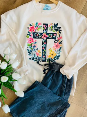 Vibrant Floral Cross Crewneck