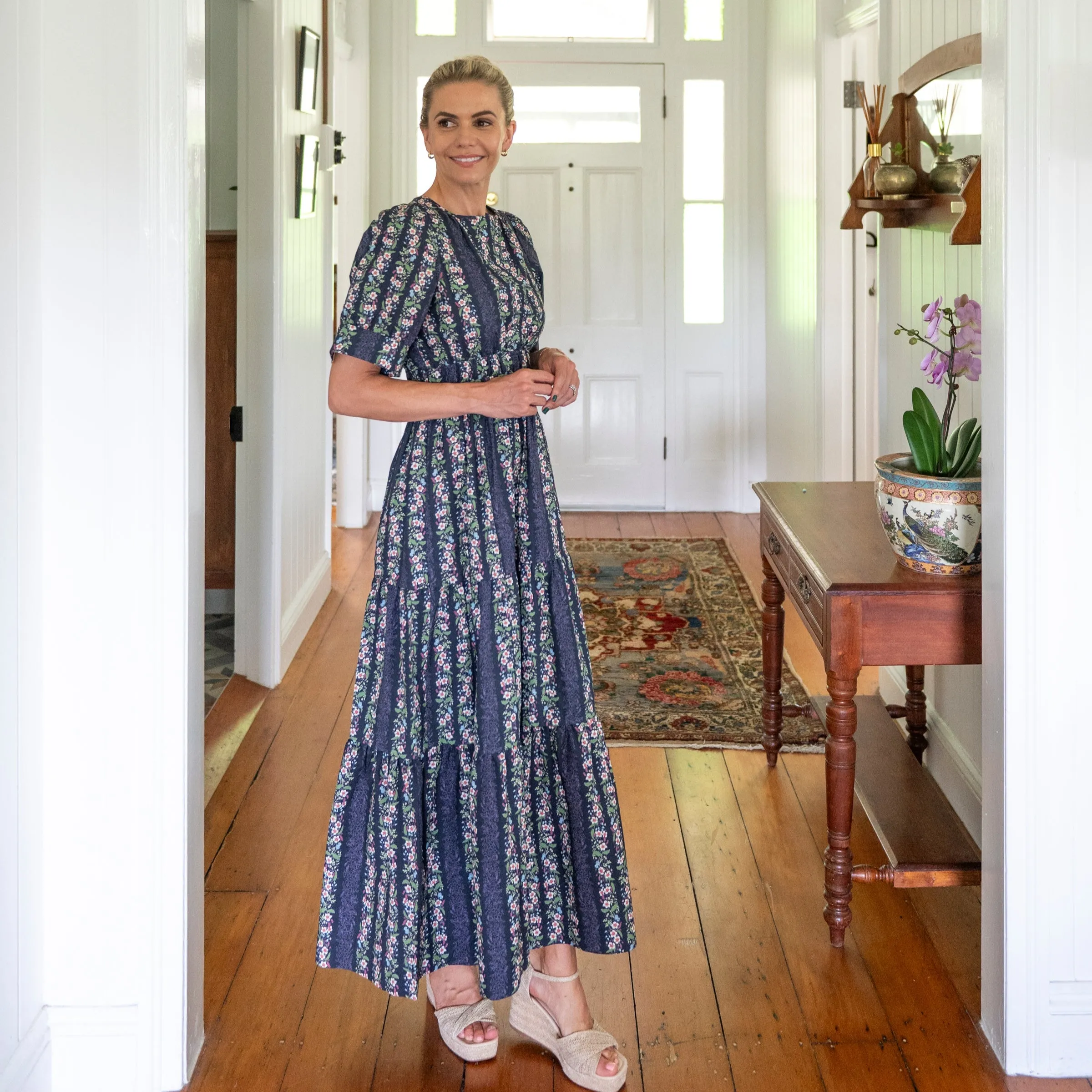 Vining Floral Navy Cotton Maxi Dress