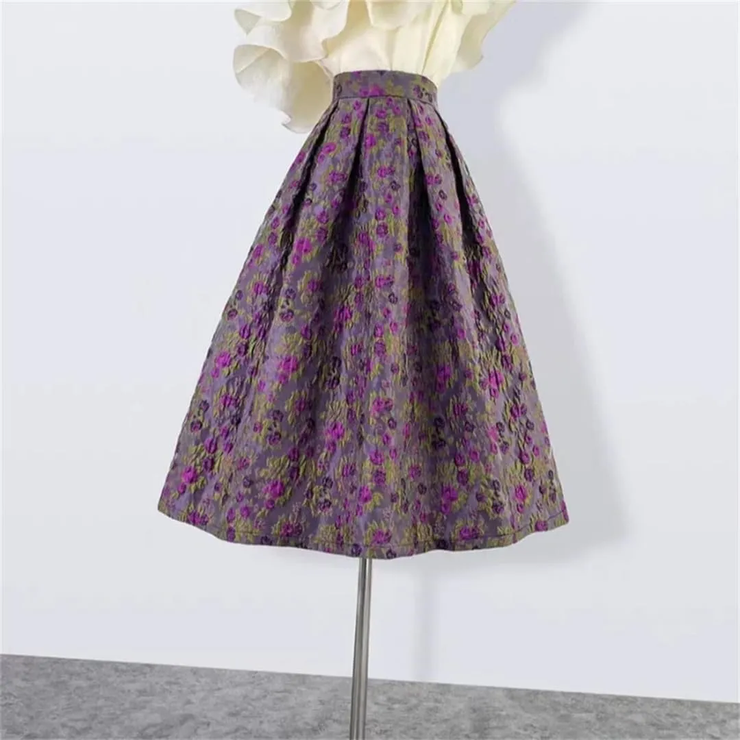Vintage Elegant High Waist Long Women Midi Skirt Purple Floral Autumn Fall Birthday Outfit Clothing