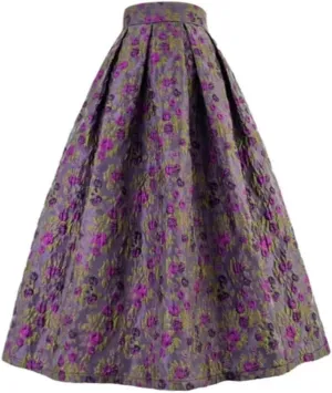 Vintage Elegant High Waist Long Women Midi Skirt Purple Floral Autumn Fall Birthday Outfit Clothing