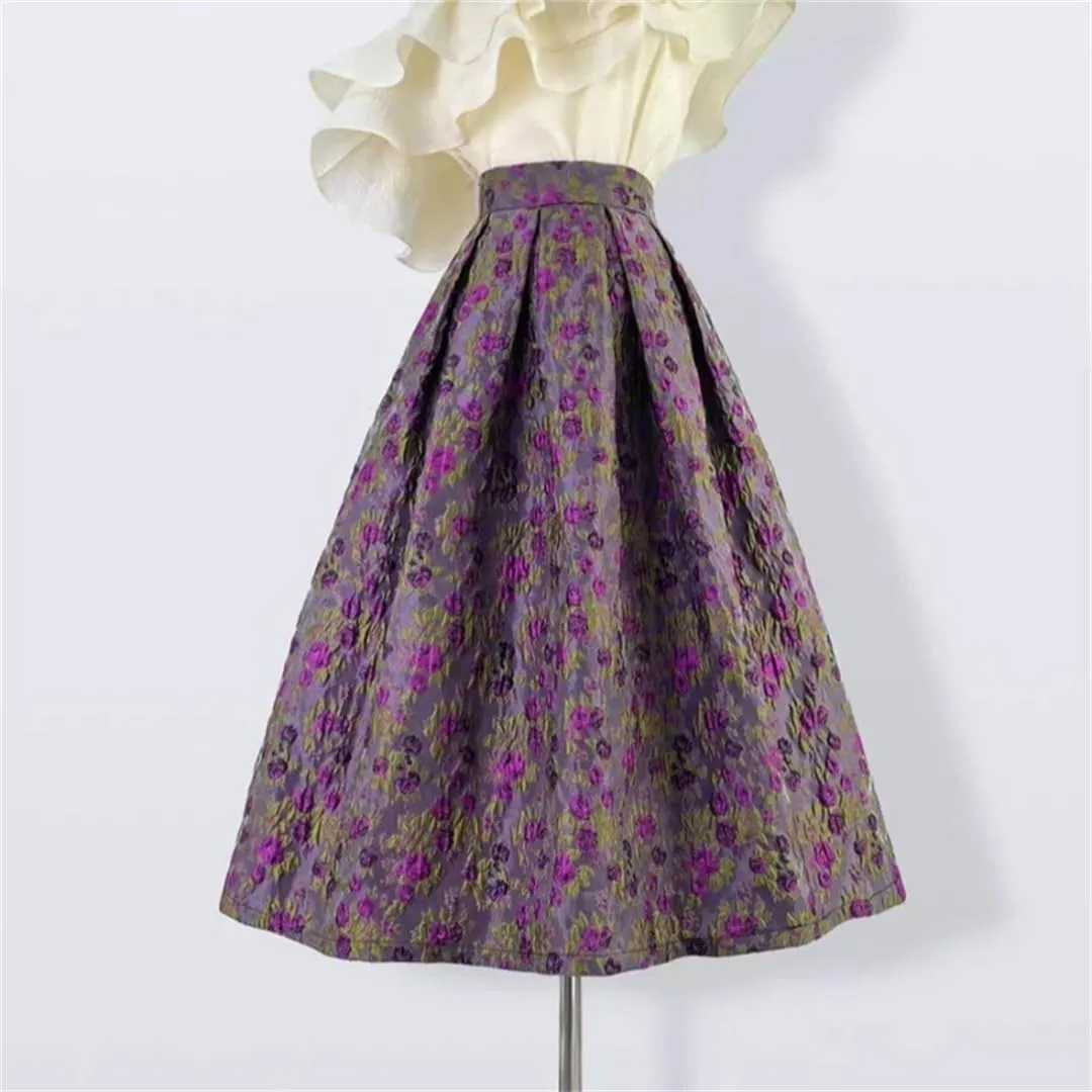 Vintage Elegant High Waist Long Women Midi Skirt Purple Floral Autumn Fall Birthday Outfit Clothing