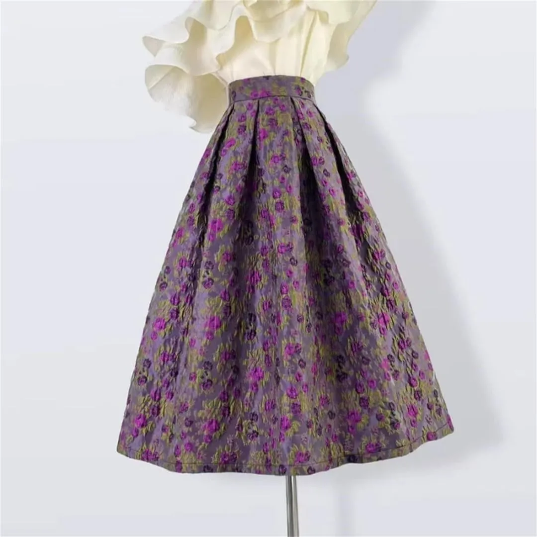 Vintage Elegant High Waist Long Women Midi Skirt Purple Floral Autumn Fall Birthday Outfit Clothing