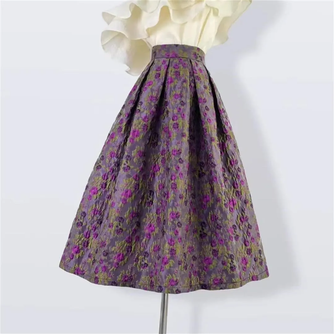 Vintage Elegant High Waist Long Women Midi Skirt Purple Floral Autumn Fall Birthday Outfit Clothing