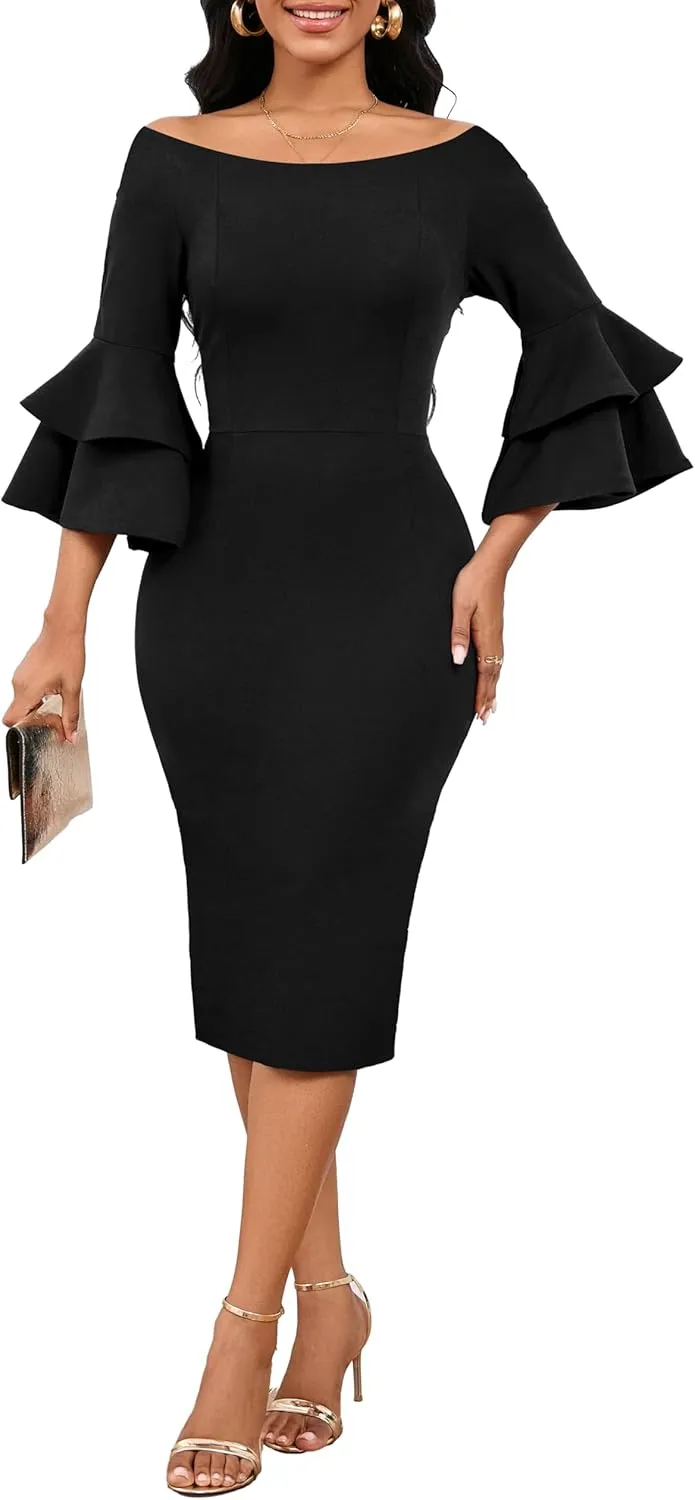 VisiChenup Sexy African Dress for Women Elegant Off Shoulder Ruffles Sleeve Ladies Pencil Dresses