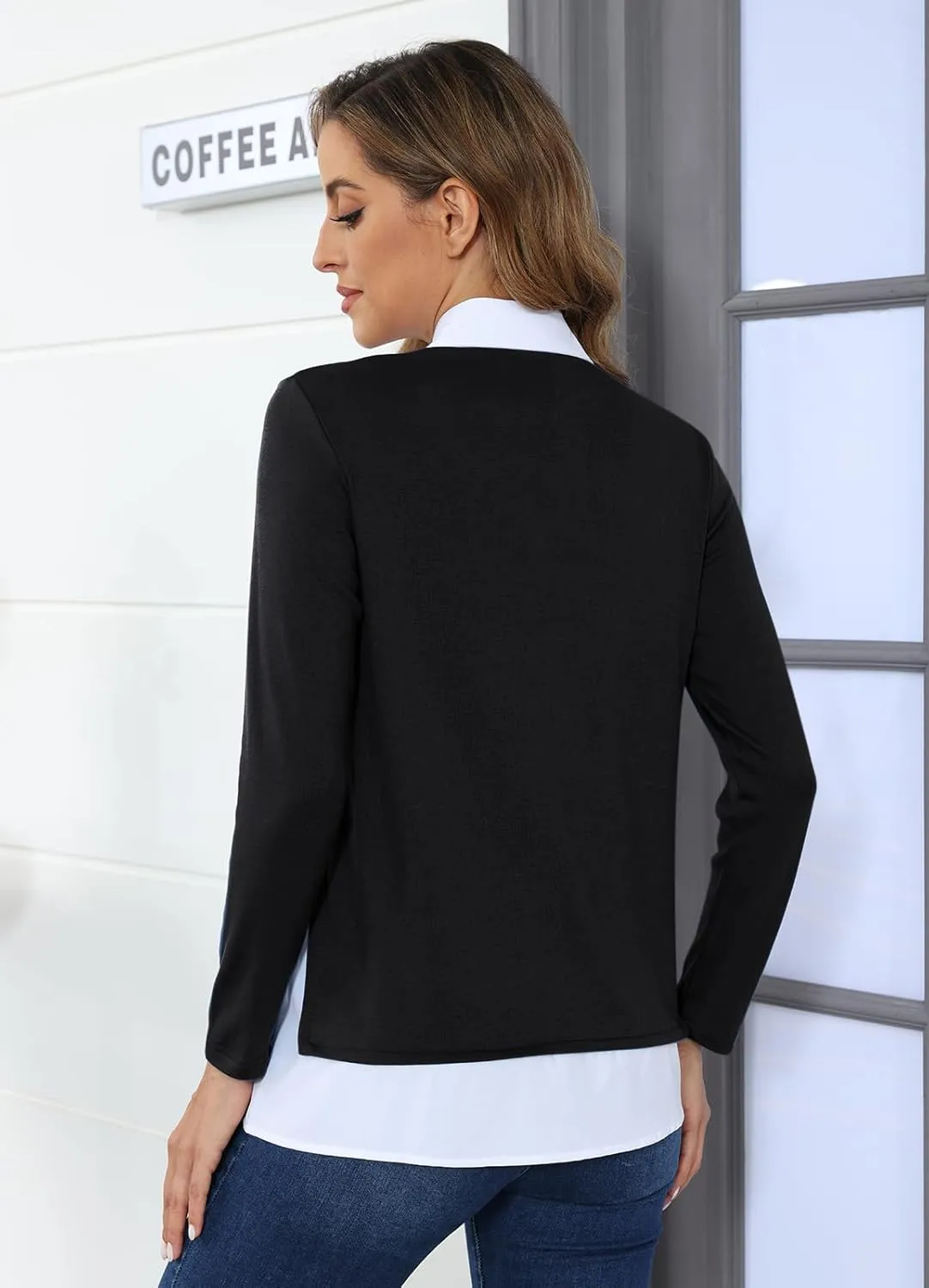 Vldnery Womens Fall Winter Sweater 2024 Trendy Clothes Oversize V Neck Long Sleeve Tops 2 in 1 Outfit Casual Pullover Shirts
