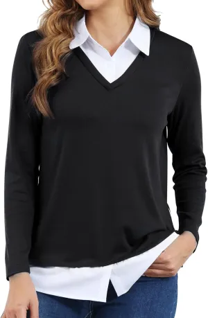 Vldnery Womens Fall Winter Sweater 2024 Trendy Clothes Oversize V Neck Long Sleeve Tops 2 in 1 Outfit Casual Pullover Shirts