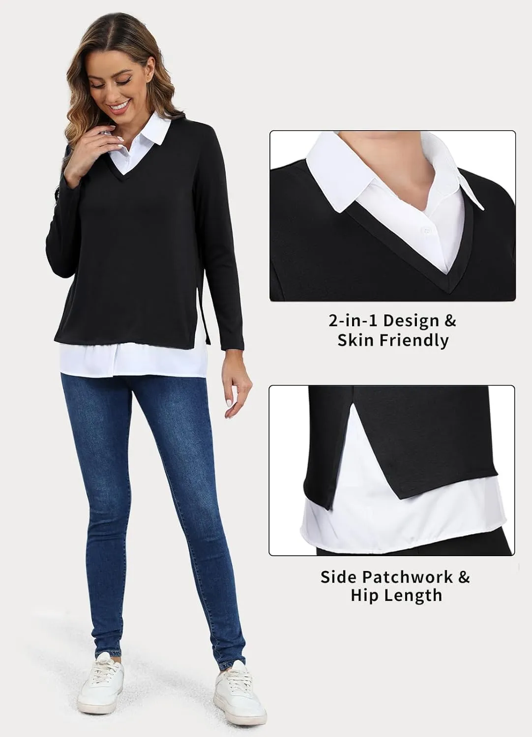 Vldnery Womens Fall Winter Sweater 2024 Trendy Clothes Oversize V Neck Long Sleeve Tops 2 in 1 Outfit Casual Pullover Shirts