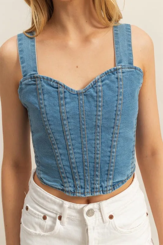 Washed Sweetheart Neck Wide Strap Denim Tank