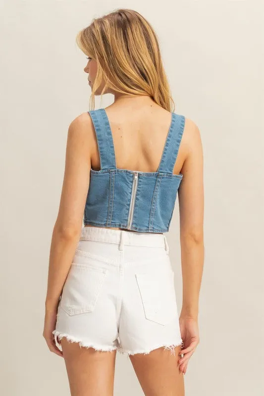 Washed Sweetheart Neck Wide Strap Denim Tank