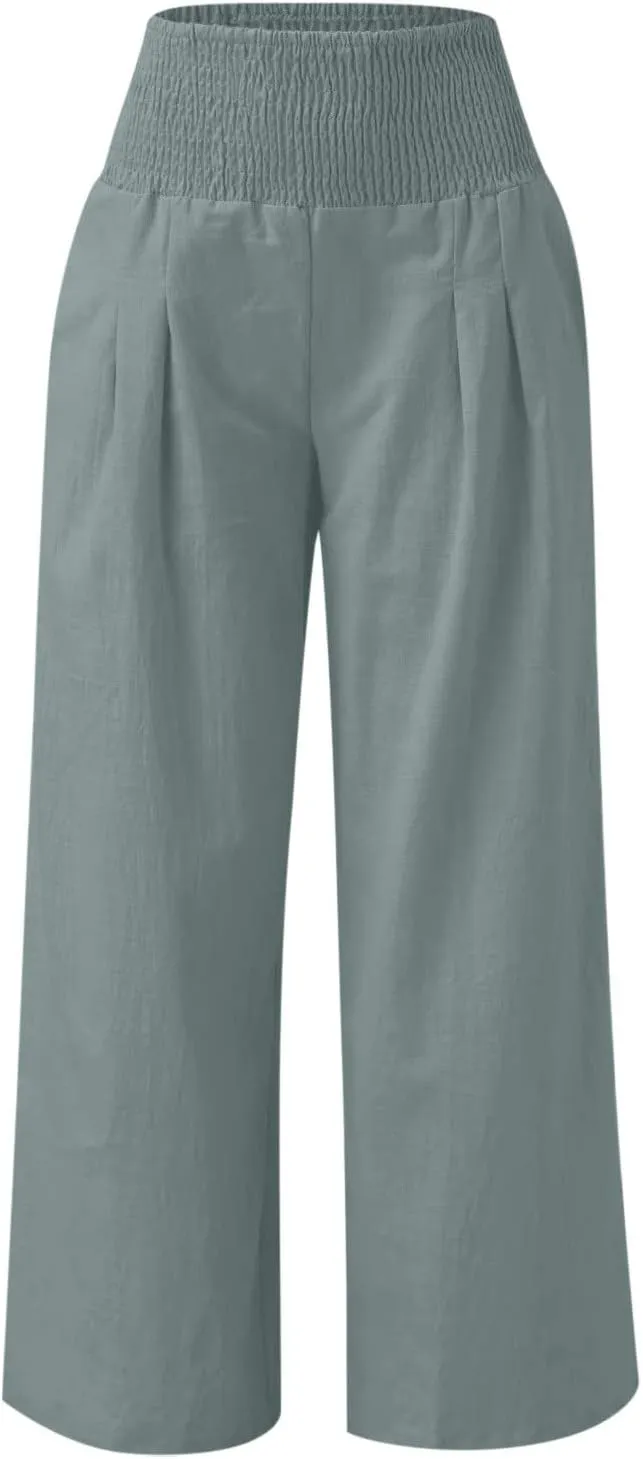 Wide Leg Pants Women Summer Casual Drawstring High Waist Cotton Linen Trousers Resort Wear Beach Trendy Palazzo Pant
