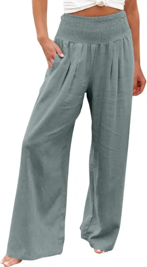 Wide Leg Pants Women Summer Casual Drawstring High Waist Cotton Linen Trousers Resort Wear Beach Trendy Palazzo Pant