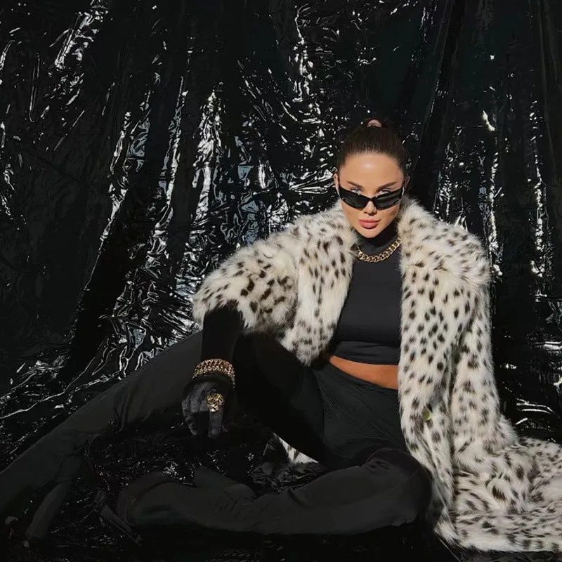 Winter Leopard Print Women Mid Length Collar Faux Fur Coat