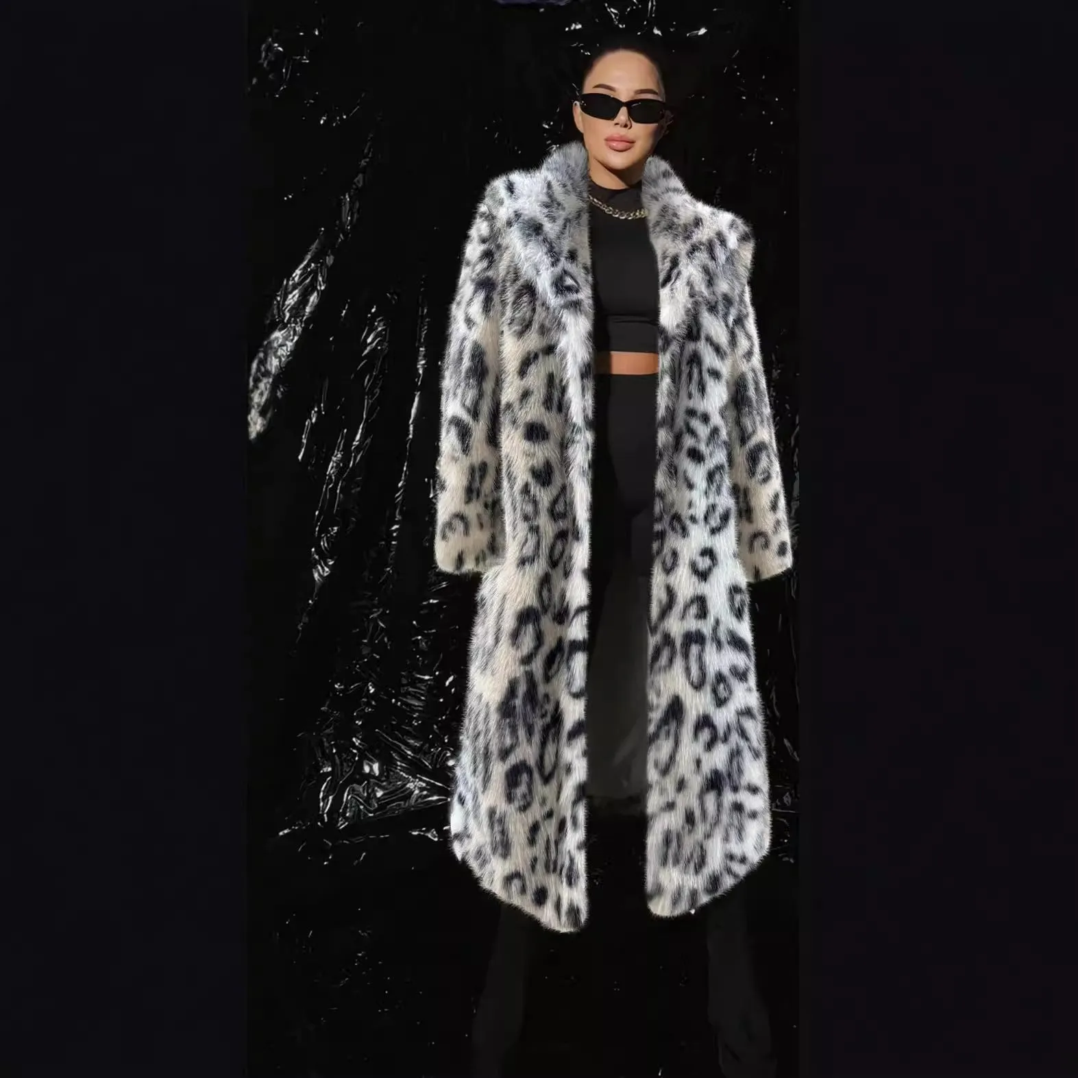 Winter Leopard Print Women Mid Length Collar Faux Fur Coat