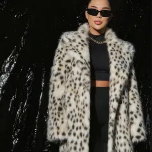 Winter Leopard Print Women Mid Length Collar Faux Fur Coat