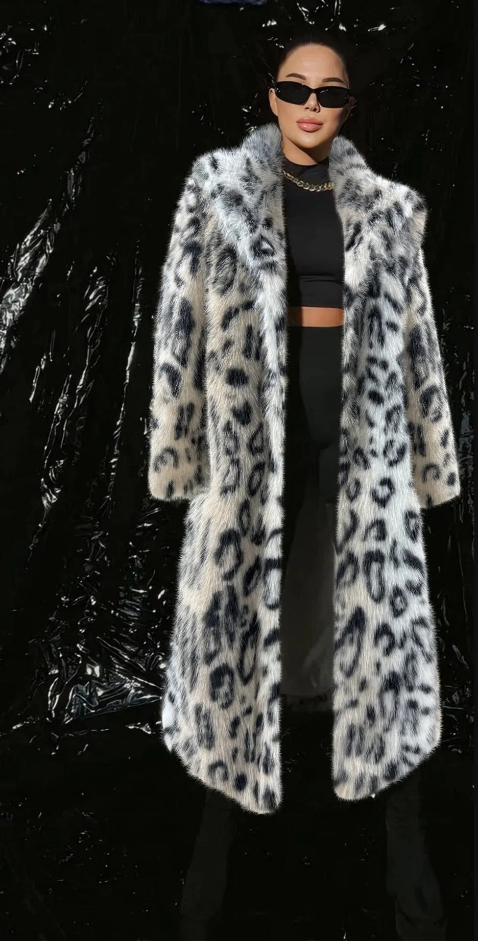 Winter Leopard Print Women Mid Length Collar Faux Fur Coat