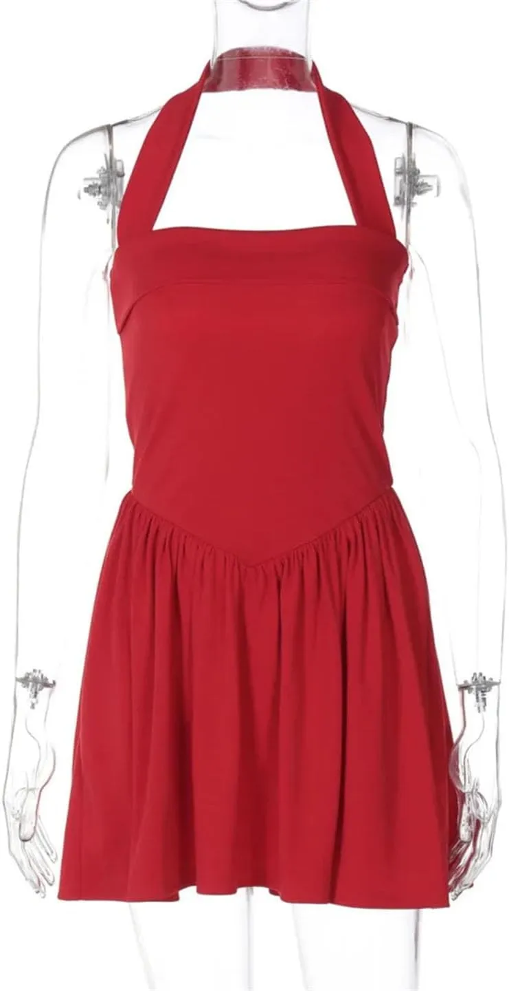 Women Backless Mini Square Collar Sleeveless A-Line Pleated Club Party Elegant Dress