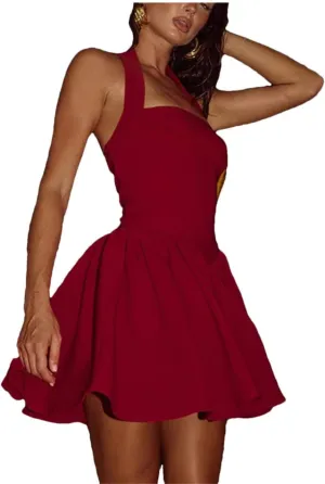 Women Backless Mini Square Collar Sleeveless A-Line Pleated Club Party Elegant Dress