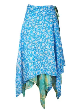 Women Blue Handmade Floral Wrapskirt One Size