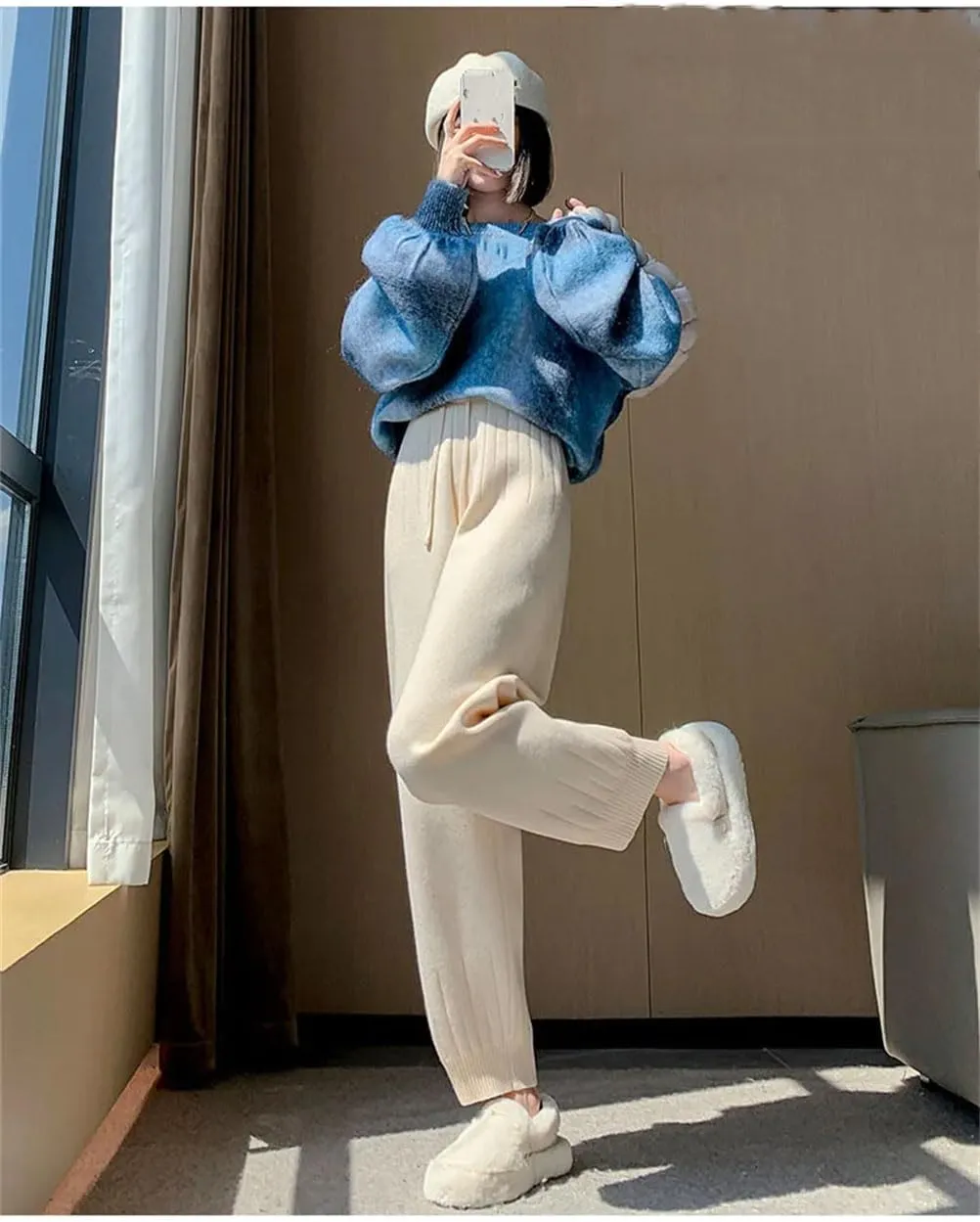 Women Casual Harem Pants Loose Trousers for Women Knitted Pants Solid Color Trousers with Pockets