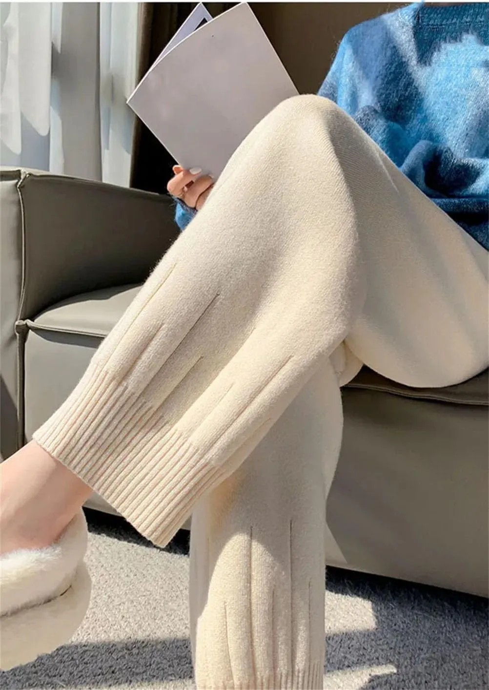 Women Casual Harem Pants Loose Trousers for Women Knitted Pants Solid Color Trousers with Pockets
